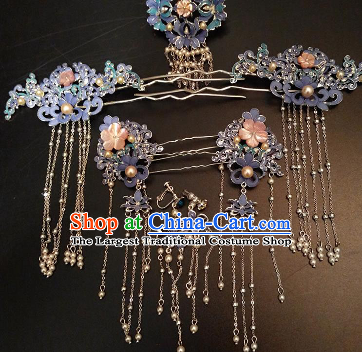 Top Chinese Traditional Hair Accessories Classical Blue Phoenix Coronet Hairpins Headdress for Women