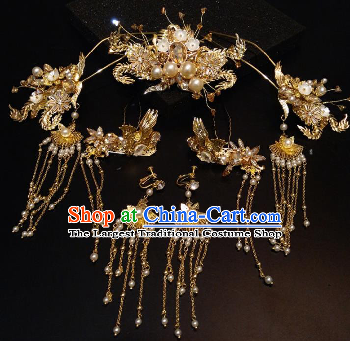 Top Chinese Traditional Wedding Phoenix Coronet Classical Pearls Hairpins Headdress for Women