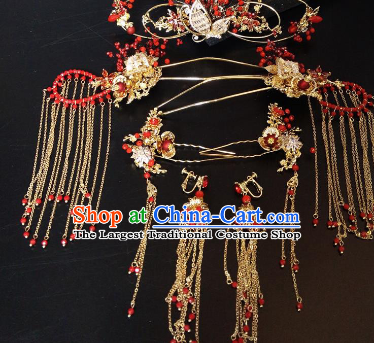 Top Chinese Traditional Wedding Hair Accessories Classical Red Beads Phoenix Coronet Hairpins Headdress for Women