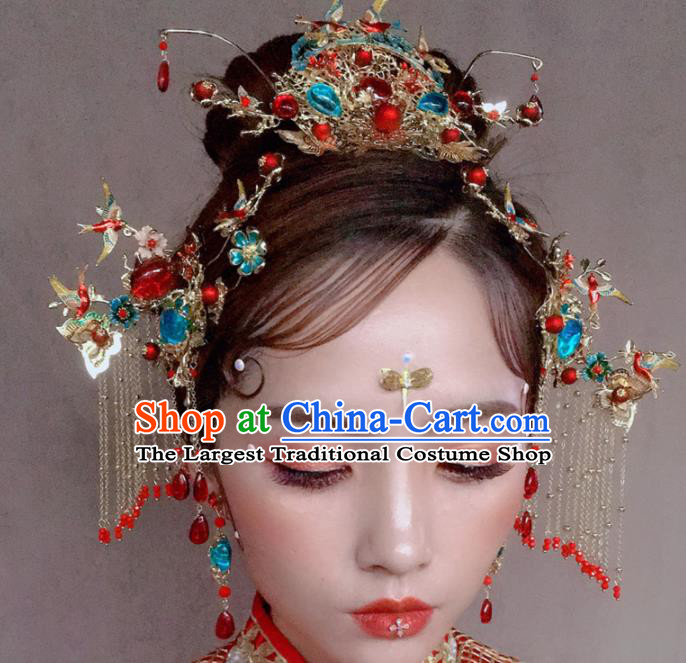 Top Chinese Traditional Wedding Hair Accessories Ancient Blueing Jewel Phoenix Coronet Hairpins Complete Set for Women