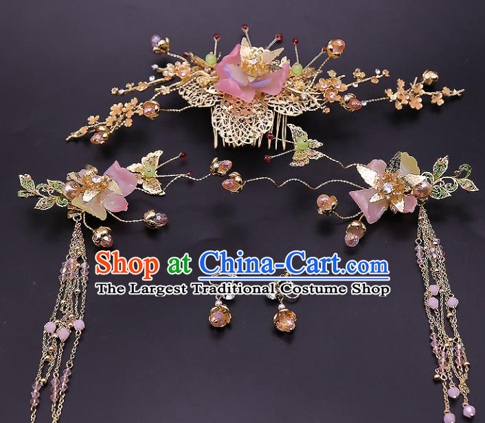 Top Chinese Ancient Traditional Hair Accessories Wedding Pink Lotus Hairpins Complete Set for Women