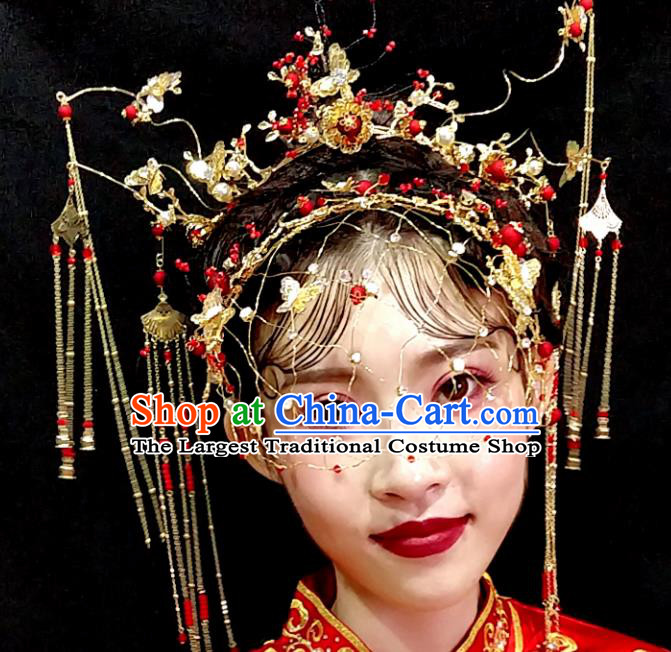 Top Chinese Traditional Wedding Hair Accessories Ancient Red Tassel Phoenix Coronet Hairpins Complete Set for Women