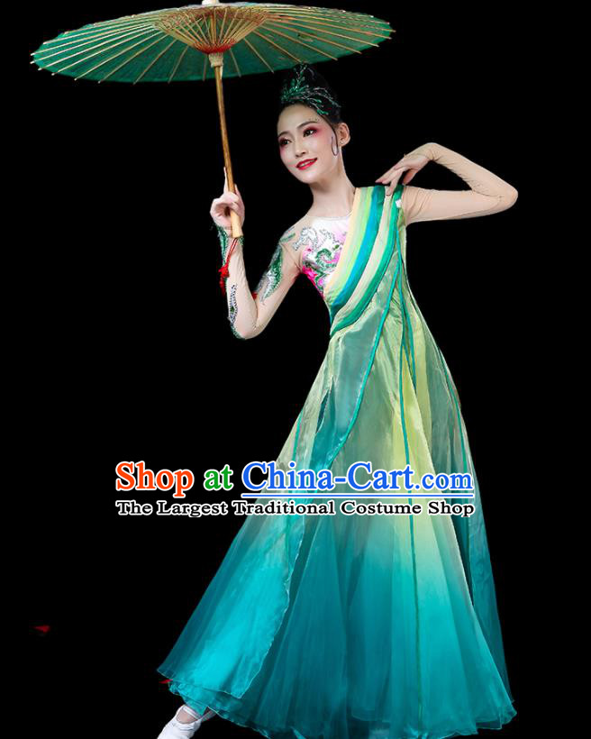 Chinese Traditional Classical Dance Costumes Fan Dance Printing Lotus Green Dress for Women