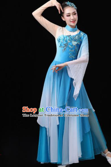Chinese Traditional Classical Dance Costumes Umbrella Dance Group Dance Blue Dress for Women