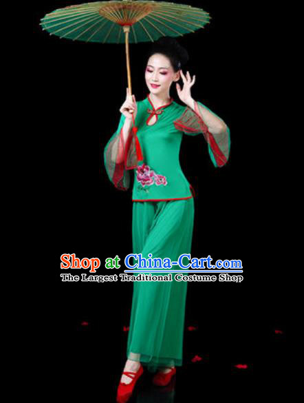 Chinese Traditional Folk Dance Costumes Fan Dance Yangko Drum Dance Green Mandarin Sleeve Clothing for Women