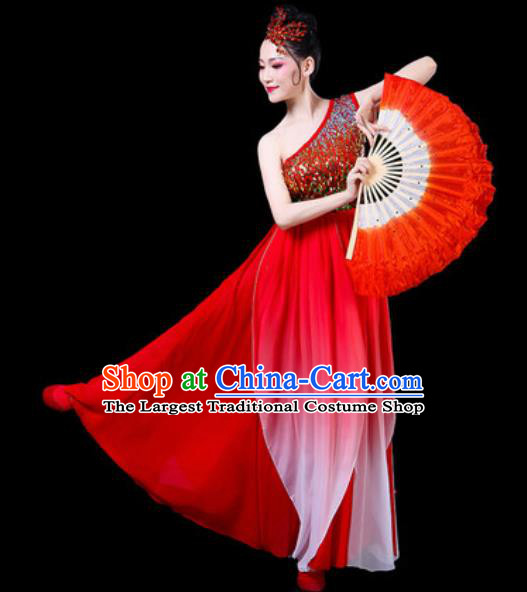 Chinese Classical Fan Dance Costumes Traditional Chorus Umbrella Dance Red Dress for Women