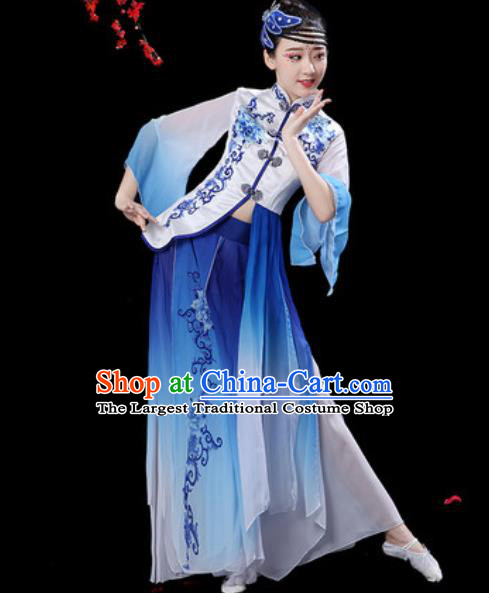 Chinese Classical Dance Umbrella Dance Blue Dress Traditional Group Dance Chorus Costumes for Women