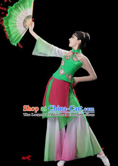 Chinese Classical Dance Green Dress Traditional Umbrella Dance Fan Dance Costumes for Women