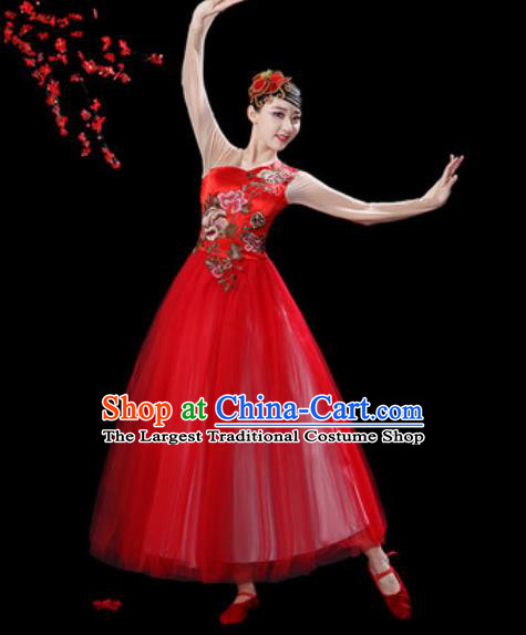 Top Grade Chorus Stage Show Group Dance Costumes Modern Dance Red Veil Dress for Women