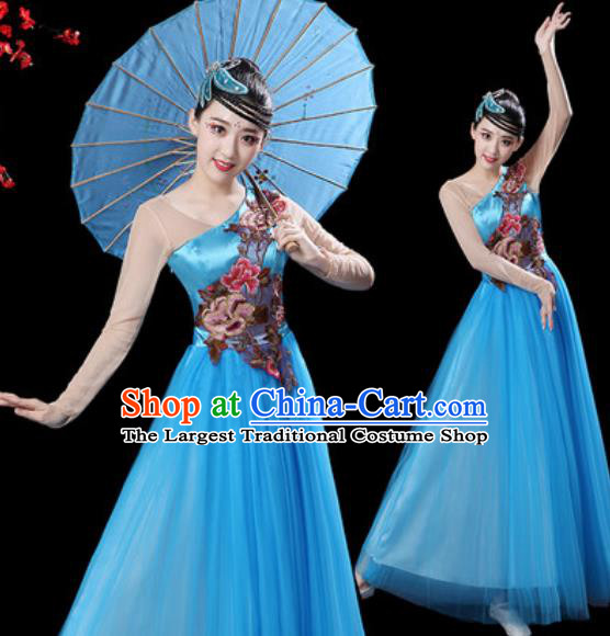 Top Grade Chorus Stage Show Group Dance Costumes Modern Dance Blue Veil Dress for Women