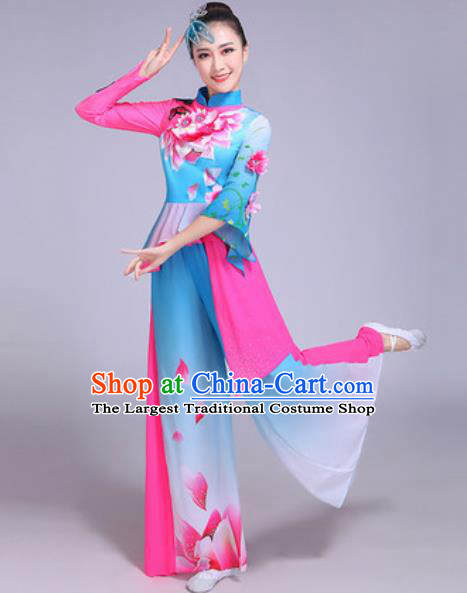 Chinese Traditional Yangko Costumes Folk Dance Fan Dance Blue Clothing for Women