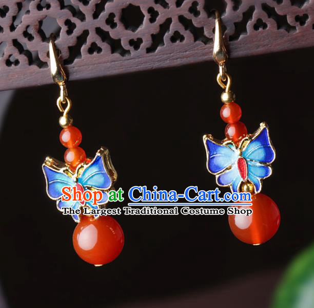 Chinese Traditional Jewelry Accessories National Hanfu Blueing Butterfly Agate Earrings for Women