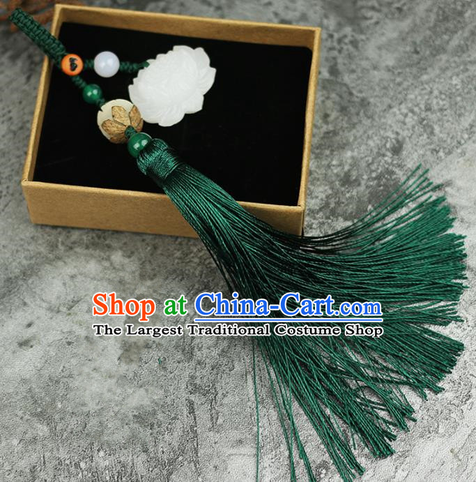 Handmade Chinese Traditional Green Tassel Lotus Jade Pendant Traditional Classical Hanfu Jewelry Accessories for Women