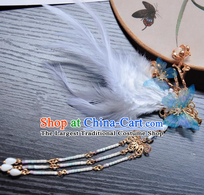 Handmade Chinese Traditional Blue Butterfly Feather Tassel Hair Claws Ancient Classical Hanfu Hair Accessories for Women