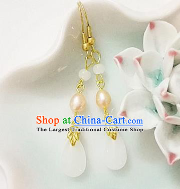 Chinese Ancient Handmade White Agate Pearl Earrings Traditional Classical Hanfu Ear Jewelry Accessories for Women