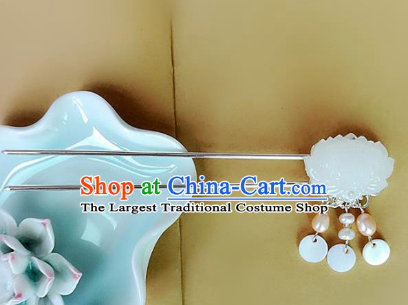 Chinese Ancient Traditional Hanfu Carving Lotus Jade Hairpins Handmade Classical Hair Accessories for Women