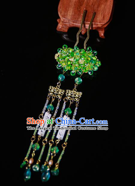 Chinese Ancient Traditional Hanfu Green Crystal Tassel Hairpins Handmade Classical Hair Accessories for Women