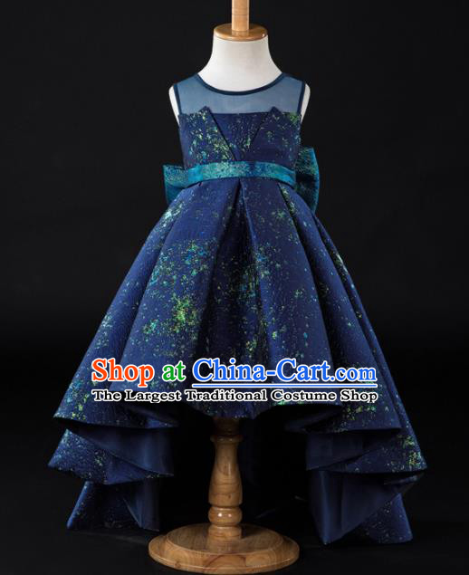 Children Princess Catwalks Costume Girls Compere Modern Dance Navy Full Dress for Kids