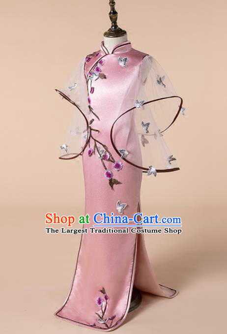 Children Princess Catwalks Costume Girls Compere Modern Dance Pink Qipao Dress for Kids