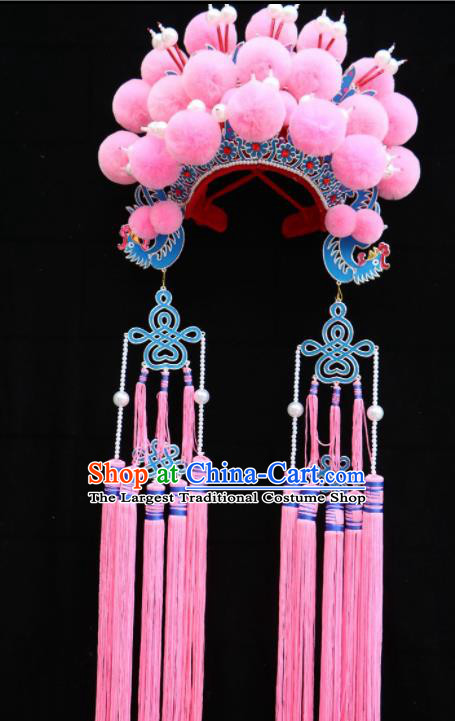 Traditional Chinese Beijing Opera Princess Hats Peking Opera Diva Pink Tassel Phoenix Coronet for Women