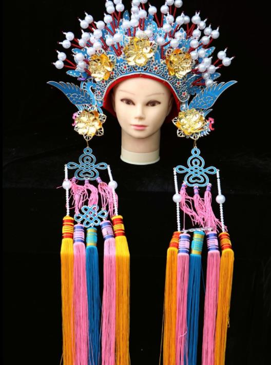 Traditional Chinese Peking Opera Diva Blue Phoenix Coronet Beijing Opera Princess Hats for Women
