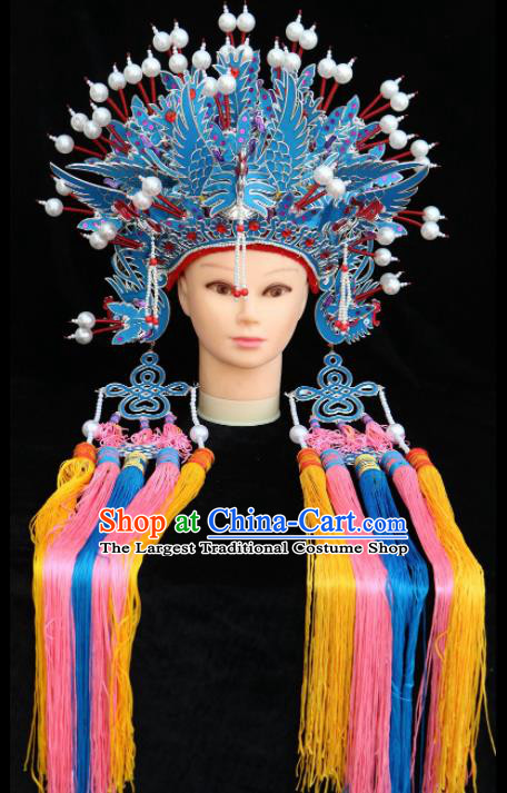 Traditional Chinese Peking Opera Bride Blue Phoenix Coronet Beijing Opera Princess Hats for Women