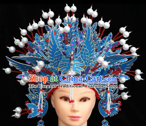 Traditional Chinese Peking Opera Bride Blue Phoenix Coronet Beijing Opera Princess Hats for Women