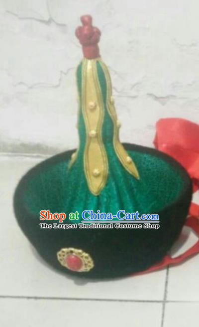 Traditional Chinese Mongol Nationality Hats Mongols Ethnic Royal Highness Green Hat for Men