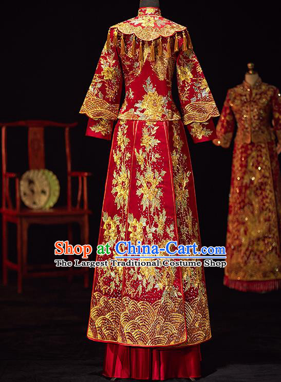 Chinese Traditional Wedding Costumes Ancient Bride Embroidered Diamante Xiuhe Suits Red Full Dress for Women