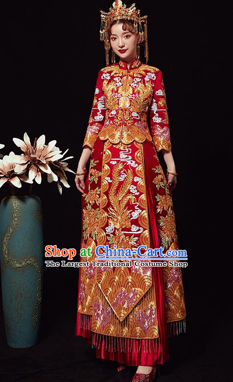 Chinese Traditional Wedding Costumes Xiuhe Suits Ancient Bride Embroidered Red Full Dress for Women