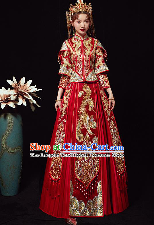 Chinese Traditional Wedding Costumes Bride Embroidered Xiuhe Suits Ancient Red Full Dress for Women