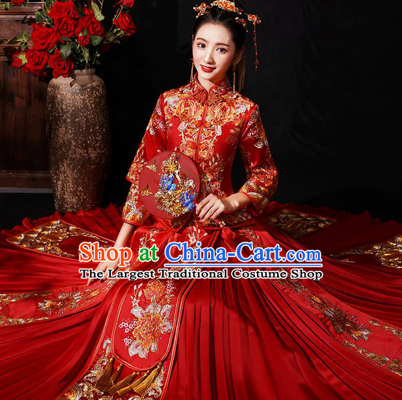 Chinese Traditional Wedding Costumes Bride Embroidered Peony Red Xiuhe Suits Ancient Full Dress for Women