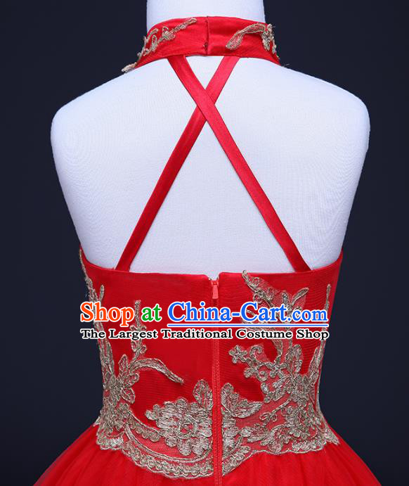 Chinese Children Catwalks Costume Girls Compere Modern Dance Red Veil Full Dress for Kids