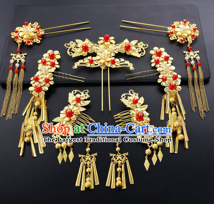 Chinese Ancient Traditional Hanfu Golden Hair Combs Hairpins Handmade Bride Classical Hair Accessories for Women