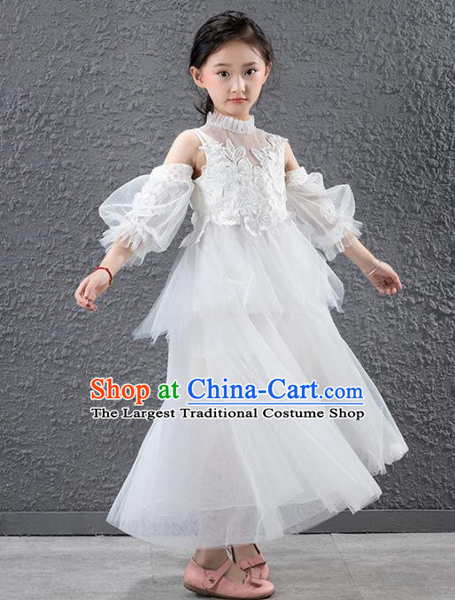 Children Catwalks Flowers Fairy Stage Performance Costume Compere White Veil Full Dress for Girls Kids