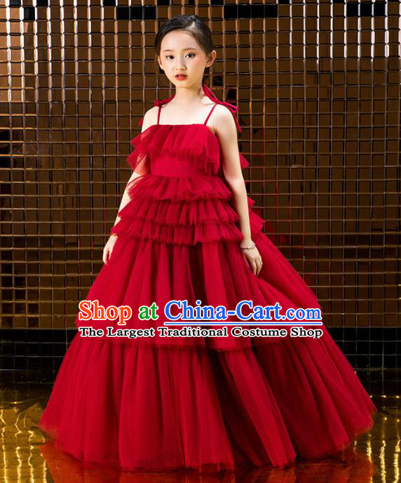 Children Catwalks Costume Stage Performance Compere Modern Dance Red Veil Full Dress for Girls Kids