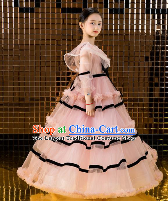 Children Catwalks Princess Costume Compere Modern Dance Pink Veil Full Dress for Girls Kids