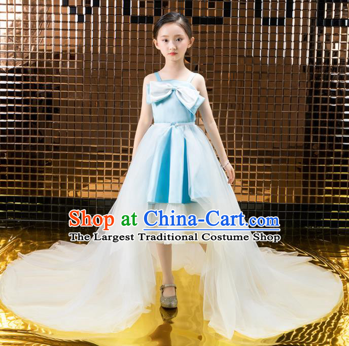 Children Catwalks Costume Girls Compere Modern Dance Princess Blue Full Dress for Kids