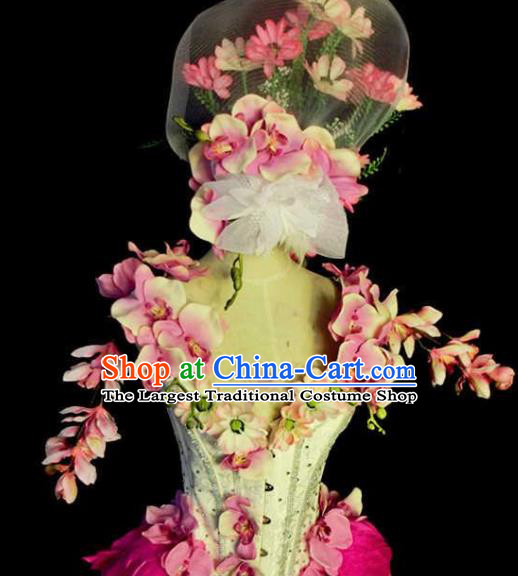 Brazilian Carnival Parade Costumes Halloween Catwalks Clothing and Pink Flowers Headwear for Women