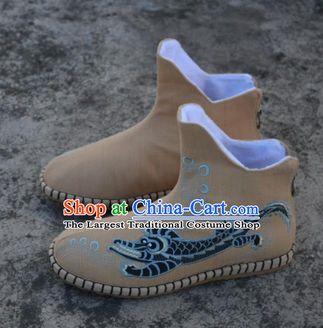 Chinese Traditional Boots Ancient Swordsman Shoes Embroidered Crocodile Khaki Shoes for Men