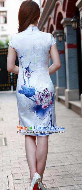Chinese Traditional Mandarin Qipao Dress Printing Lotus Silk Cheongsam for Women