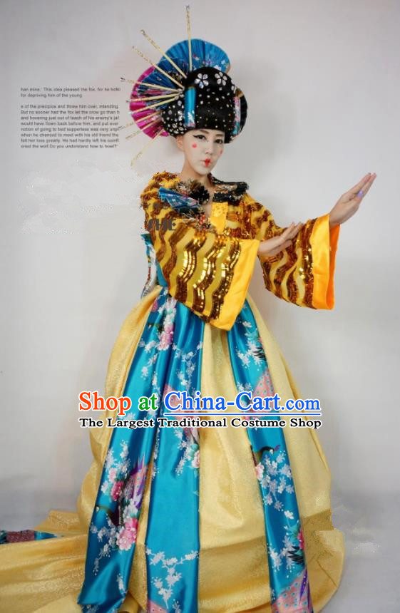 Brazilian Carnival Parade Costumes Halloween Cosplay Geisha Golden Dress and Headwear for Women