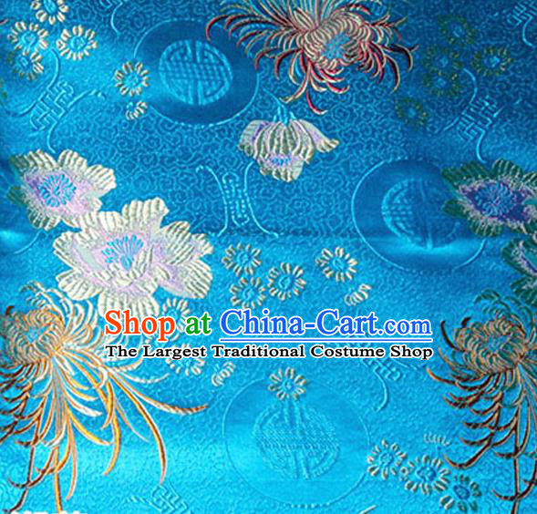 Asian Chinese Tang Suit Material Traditional Chrysanthemum Peony Pattern Design Blue Satin Brocade Silk Fabric