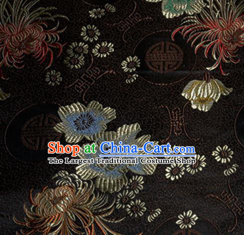 Asian Chinese Tang Suit Material Traditional Chrysanthemum Peony Pattern Design Black Satin Brocade Silk Fabric