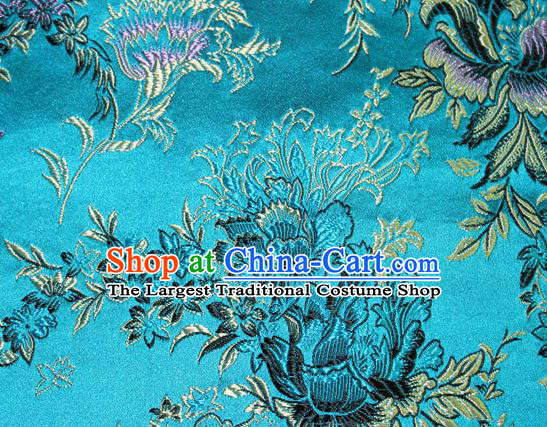 Asian Chinese Tang Suit Silk Fabric Blue Brocade Traditional Peony Pattern Design Satin Material