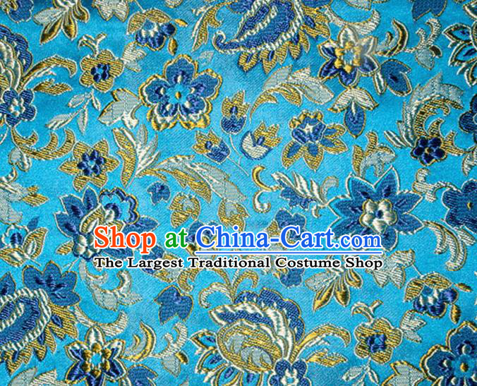 Asian Chinese Tang Suit Silk Fabric Blue Brocade Traditional Flowers Pattern Design Satin Material