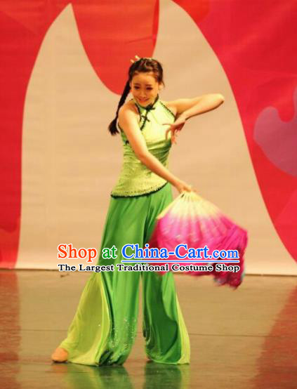 Chinese Traditional Folk Dance Costumes Stage Performance Fan Dance Green Dress for Women