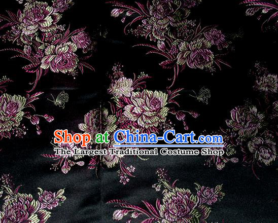Asian Traditional Peony Flowers Pattern Design Black Satin Material Chinese Tang Suit Brocade Silk Fabric