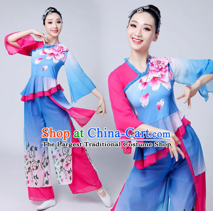 Chinese Traditional Group Dance Yangko Costumes Stage Performance Folk Dance Blue Clothing for Women
