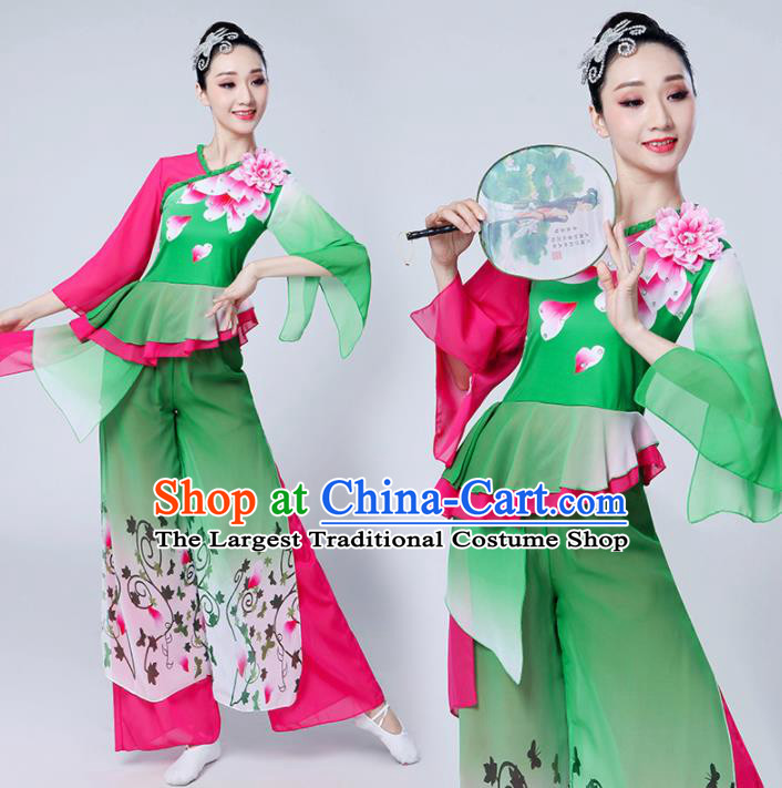 Chinese Traditional Group Dance Yangko Costumes Stage Performance Folk Dance Green Clothing for Women